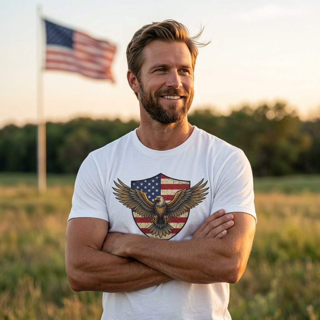 Man wearing the Stars and Stripes Patriotic Graphic Tee outdoors at golden hour